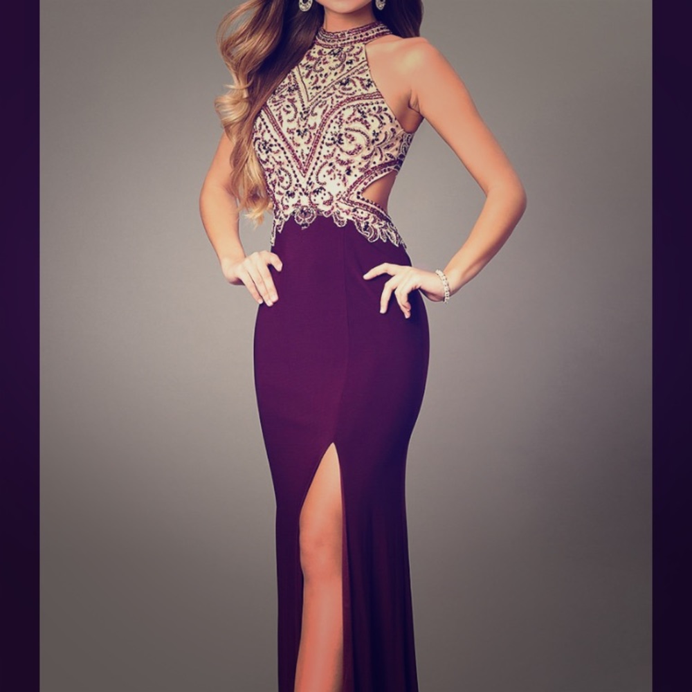 Long Deep Purple Formal Dress with Beaded Bodice